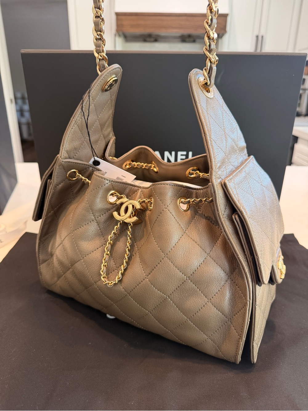 AUTHENTIC CHANEL Caviar Quilted Small Chanel 25 Handbag Dark Khaki